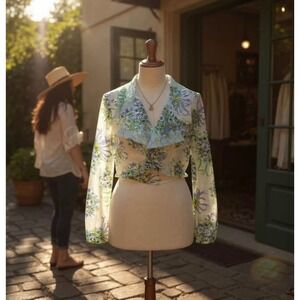 VTG Sheer Floral Kimono Jacket Bolero Blue Green Bows‎ Crop Top